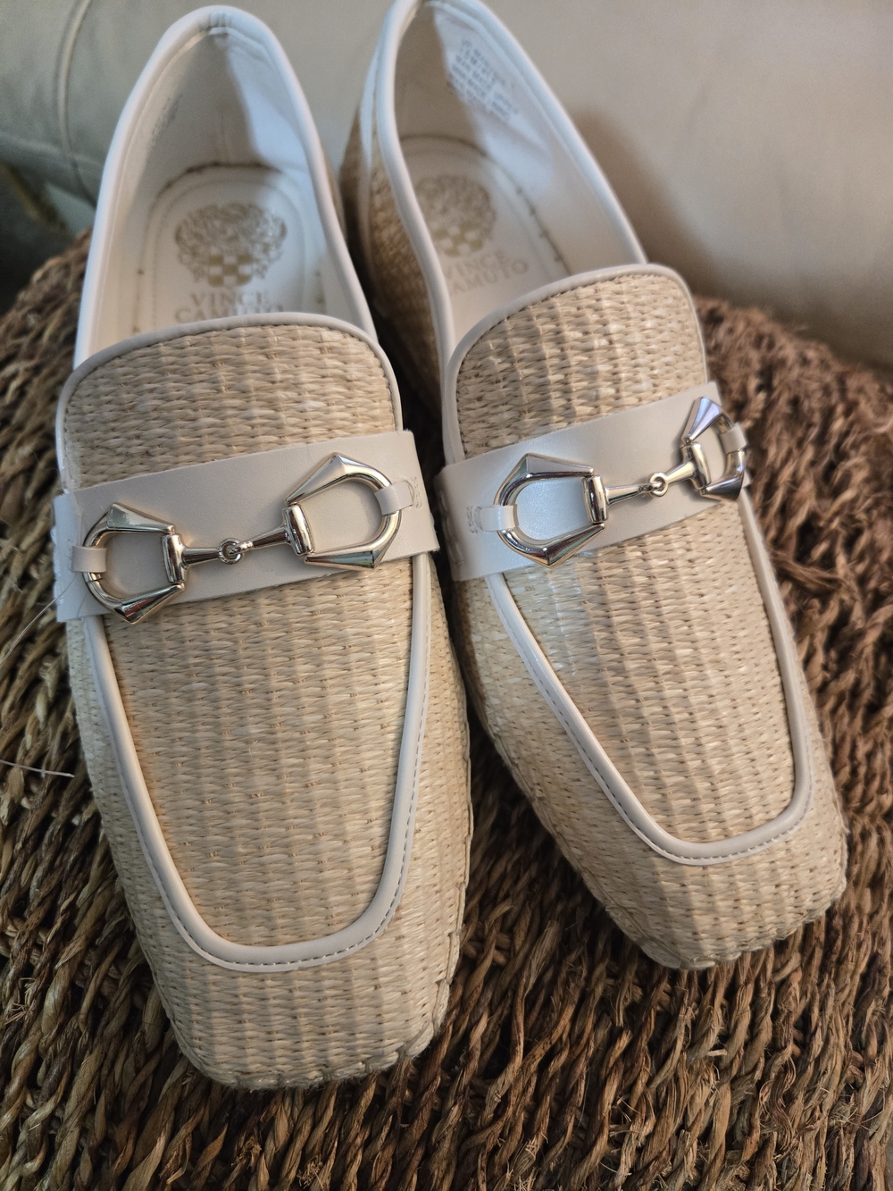 Vince Camuto Marynis Woven Raffia Loafers Cream Silver Bit Square Toe NWOT 10M